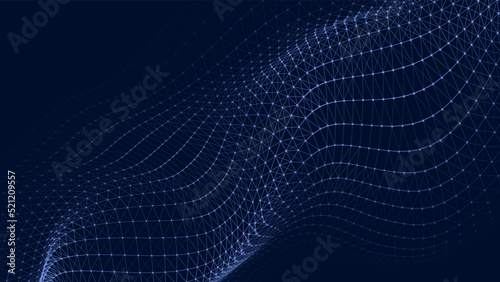 Abstract wave with moving dots. Network connection structure. Background with connecting dots and lines. 3D rendering.