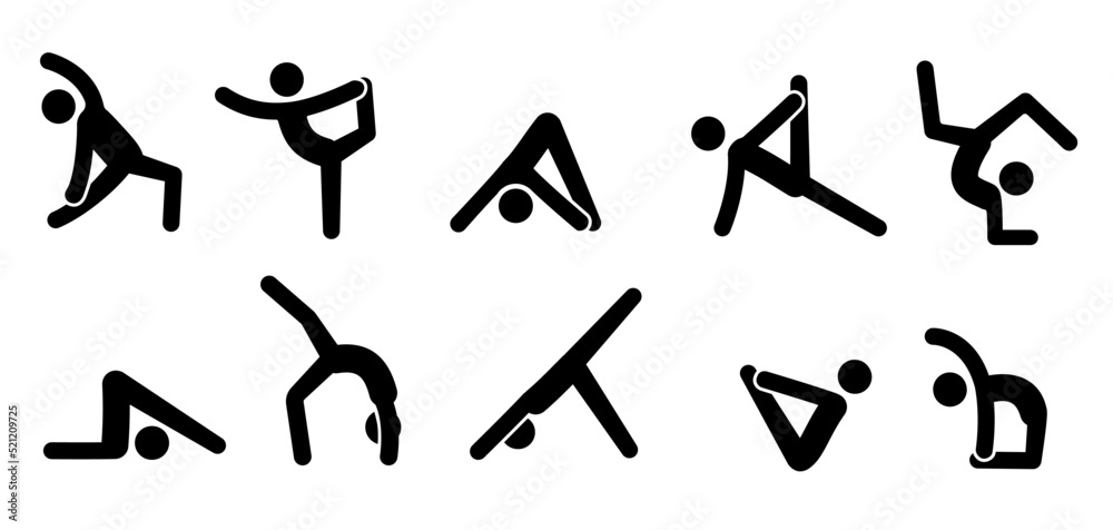 Yoga pictogram icon people. Yoga pose, meditate practice, sport exercise pictogram man set. Health, meditate symbol. Vector illustration. Yoga pictogram icon people. Yoga pose, meditate practice, sport exercise pictogram man set. Health, meditate symbol. Vector illustration.
