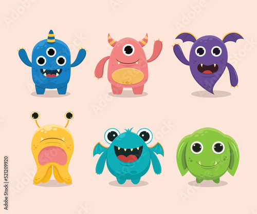 Monsters expressing nine different emotions on a pastel background