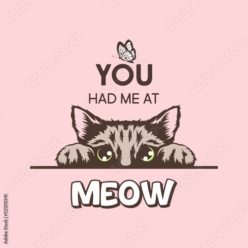 You Had Me At Meow. Vector Poster with Cat Quote and Hand Drawn Black and White Hiding Peeking Cute Kitten on Pink Background. Funny Kitten is Peeking and Looking at the Butterfly