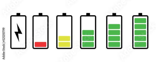 Vector illustration of cell phone battery charging, vectorized battery icons going from 0 to 100% from red to green.