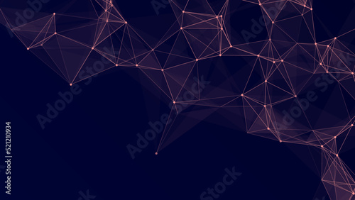 Distribution of triangular figures in space. 3d illustration of a futuristic network. Structure of network connections, connecting dots and lines. Abstract science background.