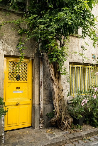 Vertical shot of a yellow door in an old building photo