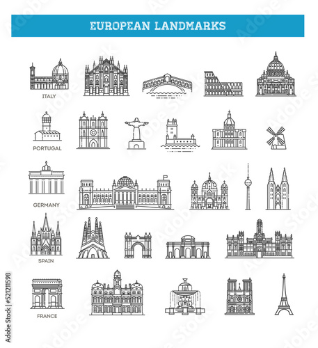 Simple linear Vector icon set representing global tourist european landmarks and travel destinations for vacations.
