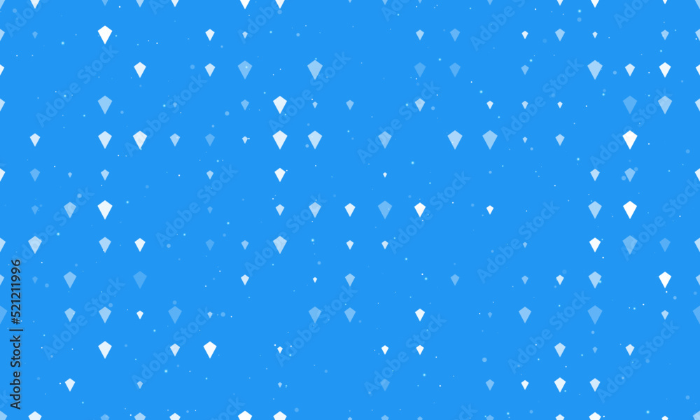 Seamless background pattern of evenly spaced white kite symbols of different sizes and opacity. Vector illustration on blue background with stars