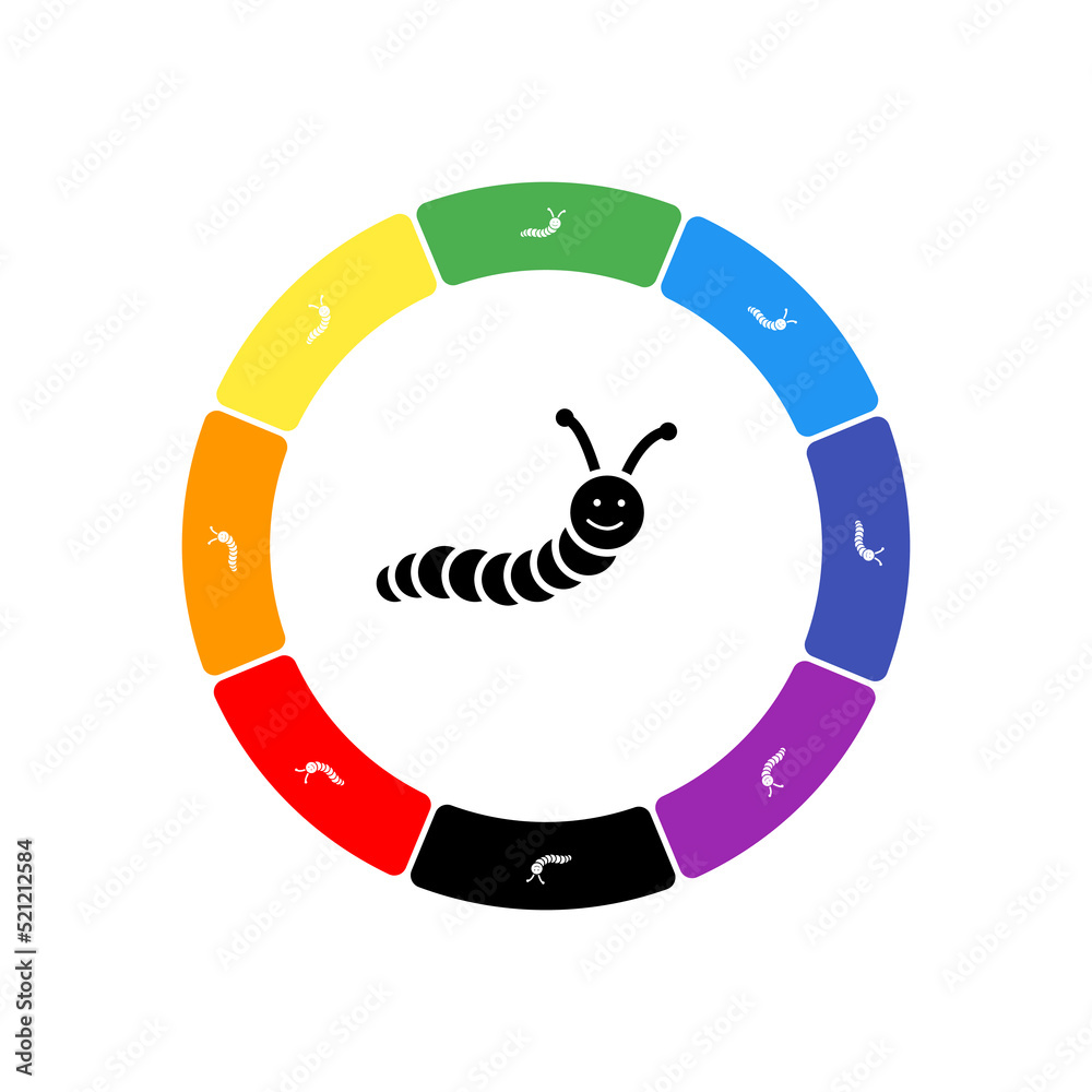 A large black caterpillar symbol in the center, surrounded by eight white symbols on a colored background. Background of seven rainbow colors and black. Vector illustration on white background A large black caterpillar symbol in the center, surrounded by eight white symbols on a colored background. Background of seven rainbow colors and black. Vector illustration on white background