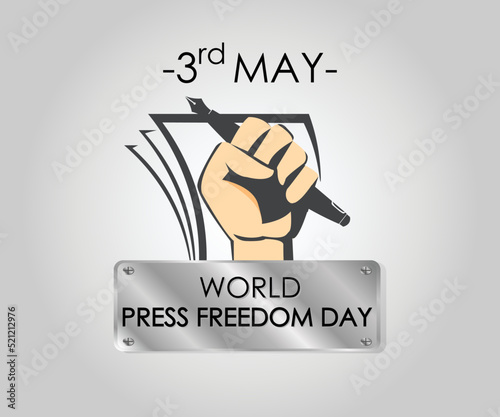 May 3rd. happy Press Freedom Day. Press day poster with hand holding pen vector template.