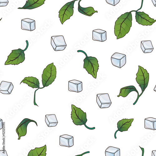 Vector seamless pattern with ice, mint isolated on white background. Hand-drawn bright illustration for fabric, packaging design, decoration of cover, textile, bar design, wrapping paper.