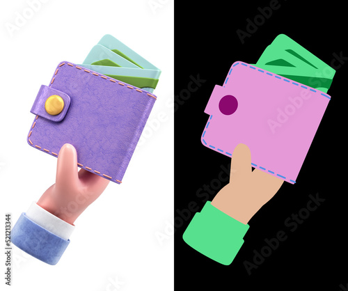 Сoncept of accumulation of funds in the wallet money bills in hand 3d render illustration on white with alpha