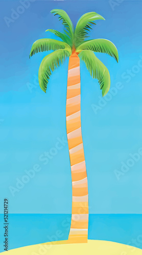 Tall single palm tree on the beach with seascape