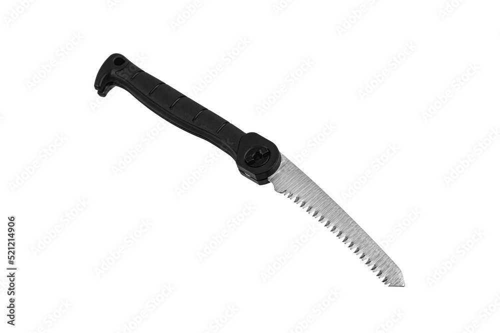 Small portable folding hacksaw. Saw for sawing small branches or boards. Garden or travel tool. Isolate on a white back. Small portable folding hacksaw. Saw for sawing small branches or boards. Garden or travel tool. Isolate on a white back.