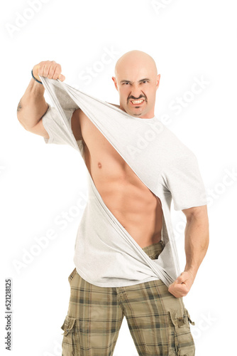 man ripping shirt