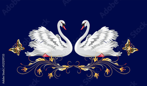 Decorative card with pair white swans and vintage golden ornament for invitations or congratulations with wedding or engagement