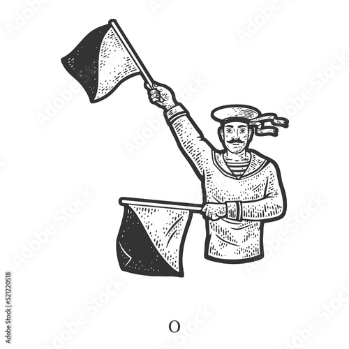 Sailor mariner show flag semaphore alphabet letter O sketch engraving vector illustration. T-shirt apparel print design. Scratch board imitation. Black and white hand drawn image.