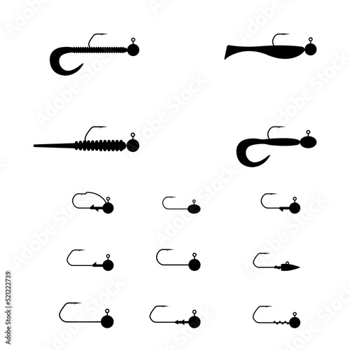 Fishing rigs of silicone lures, flat vector illustration.