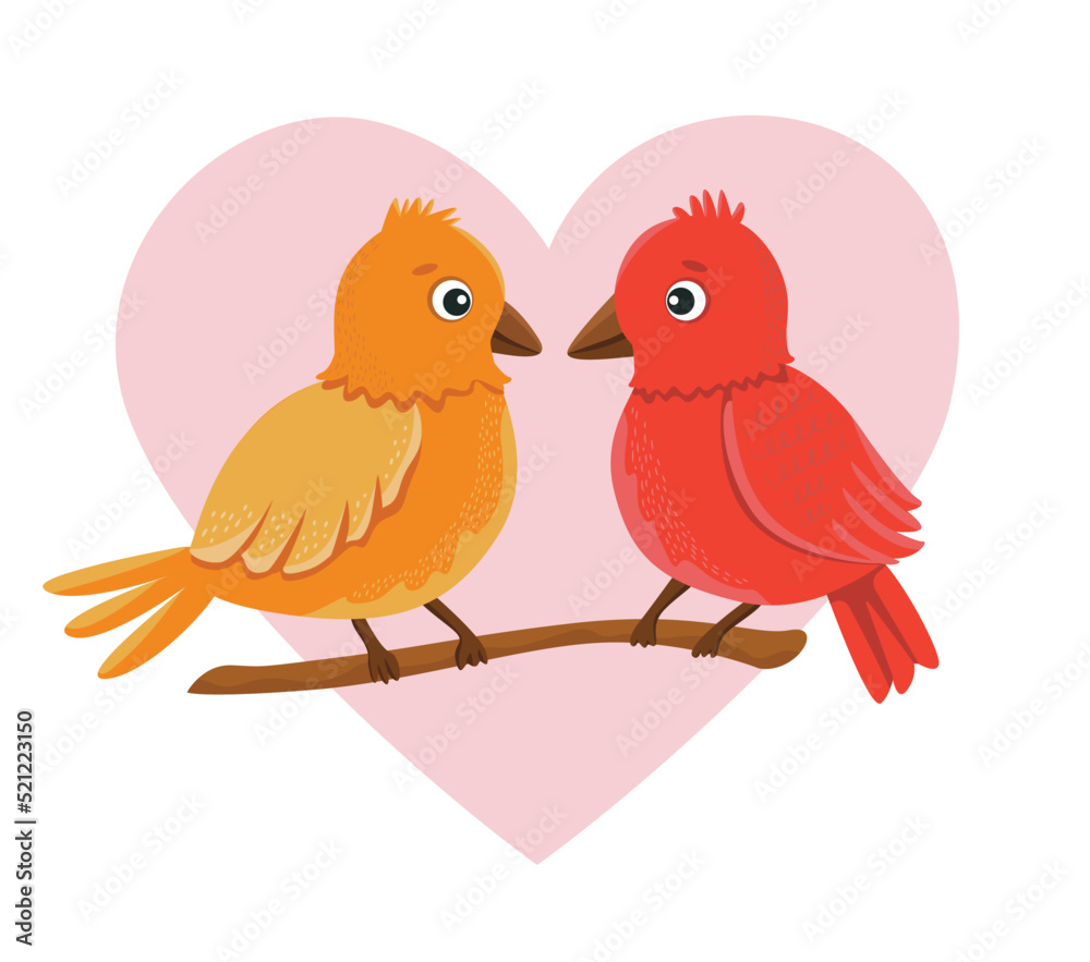 Hand drawn vector illustration with birds couple. Picture for valentine's day
