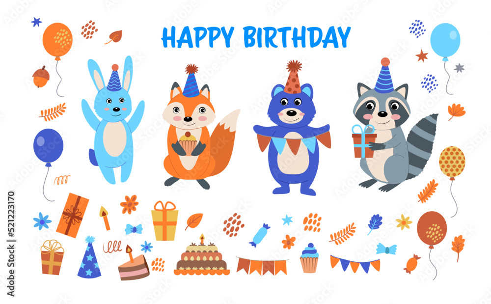 Hand drawn cute animals characters. Birthday decoration elements with cute animals, children birthday present clipart