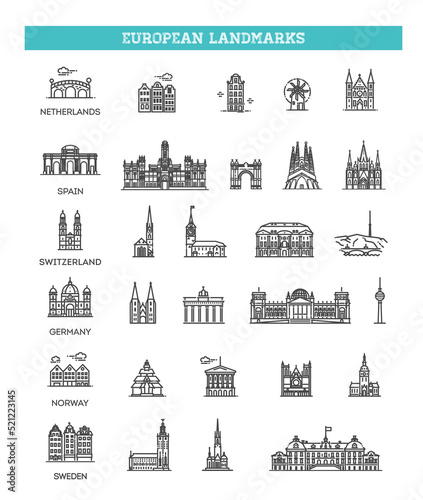 Simple linear Vector icon set representing global tourist european landmarks and travel destinations for vacations.