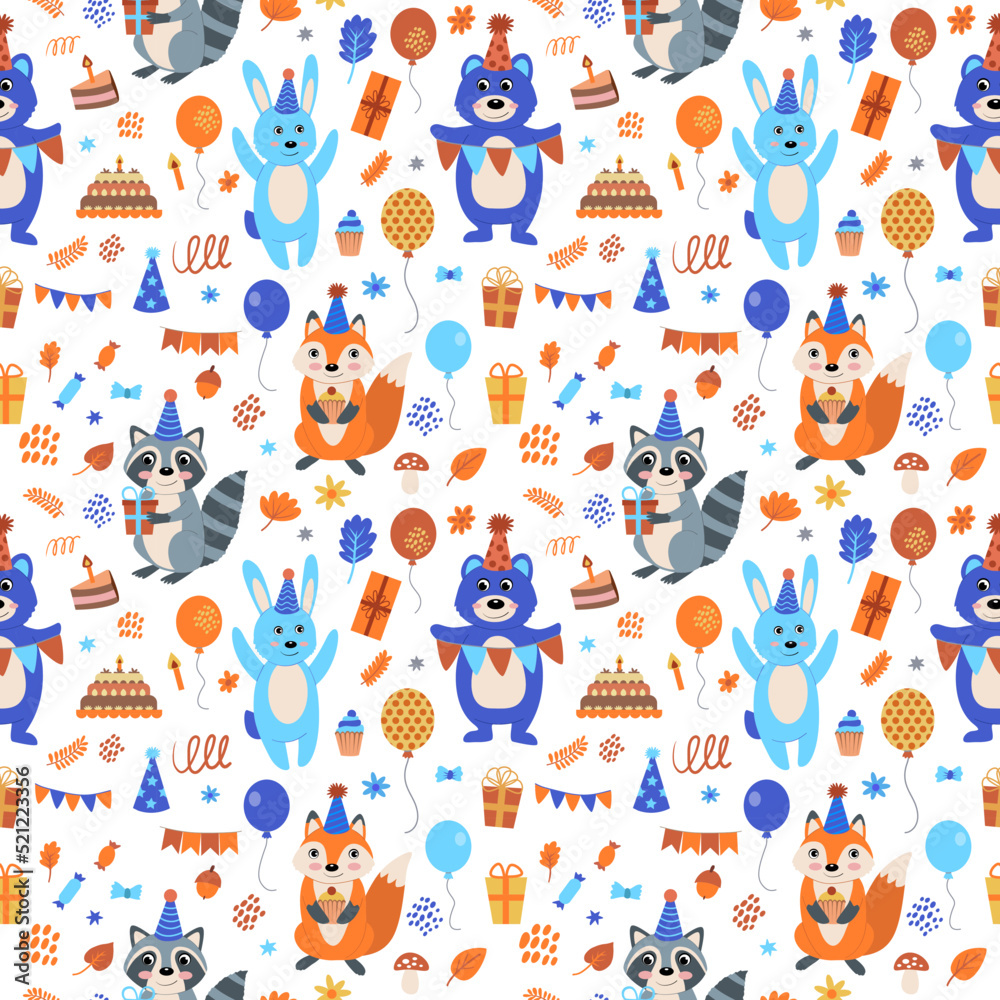 Hand drawn seamless pattern. Birthday decoration ornament with cute animals, children birthday present wrapping paper Hand drawn seamless pattern. Birthday decoration ornament with cute animals, children birthday present wrapping paper