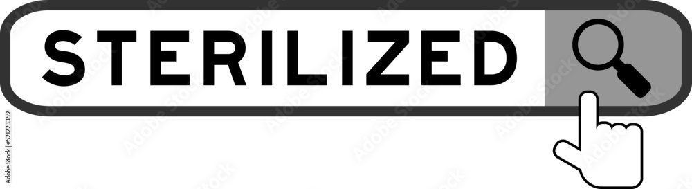 Search banner in word sterilized with hand over magnifier icon on white background Search banner in word sterilized with hand over magnifier icon on white background