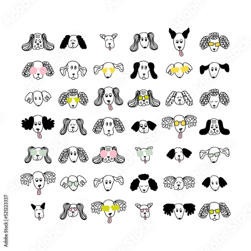 Doodle style dogs in sunglasses collection. Animalistic characters set for tee, stickers, print, poster. Hand drawn isolated vector illustration for decor and design.