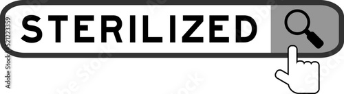 Search banner in word sterilized with hand over magnifier icon on white background