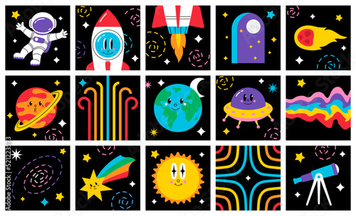 Space theme cartoon character collection. Vector cute illustration in flat vintage comic design, bright colors cartoon style.