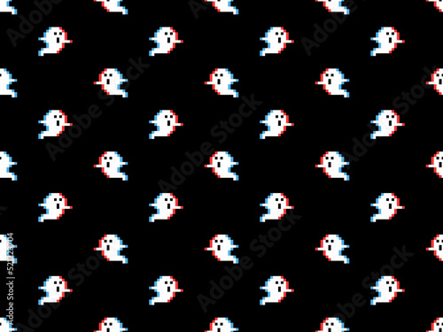 Ghost cartoon character seamless pattern on black background. Pixel style