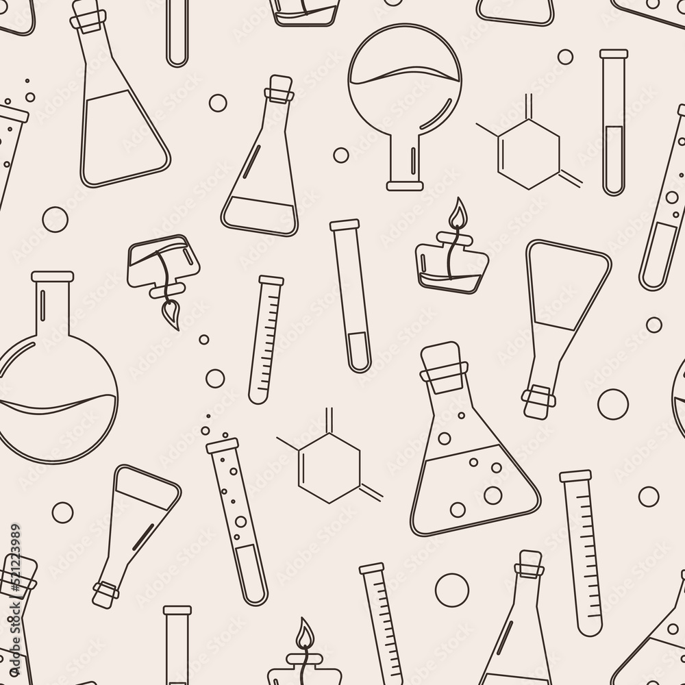 Vector seamless pattern with laboratory elements: glass flasks, vials, test-tubes with substance and reagents. In sketch style illustration. For design of scientific book, fabric, textile, wrap paper. Vector seamless pattern with laboratory elements: glass flasks, vials, test-tubes with substance and reagents. In sketch style illustration. For design of scientific book, fabric, textile, wrap paper.
