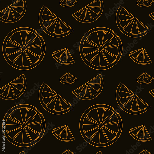 Vector seamless pattern with slice of orange. Illustration in sketch style perfect for design of fabric, textile, wrapping paper, decoration of grocery store, card, poster, banner. 