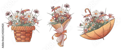 Vector set from three illustration of wildflowers bouquet, arrangement in basket and umbrella with flowers. Floral illustration with for postcard design, flower shop decoration, banner, poster.