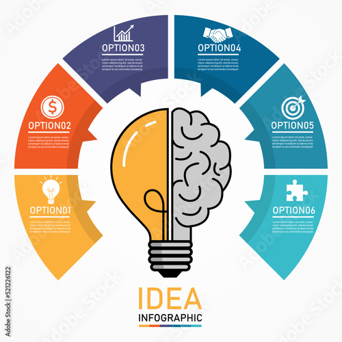 Infographic light bulb template design on white background. business and finance concept.6 elements symbol can be used for workflow layout, diagram. half idea brain sign. creative thinking to success.
