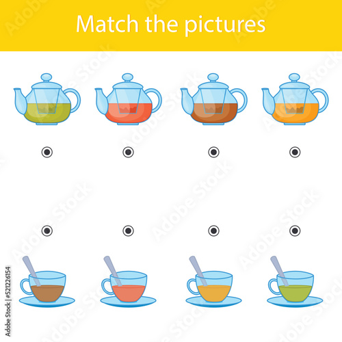 Educational puzzle for kids. Find a match in the pictures. Vector illustration. Printed sheet with mugs and teapots with tea. Logic for childrens.