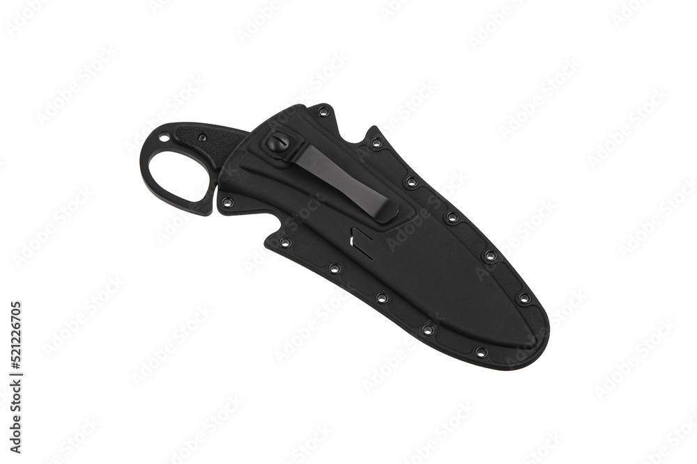 Modern tactical knife with black blade and rubber handle. Steel arms. Isolate on a white back. Modern tactical knife with black blade and rubber handle. Steel arms. Isolate on a white back.