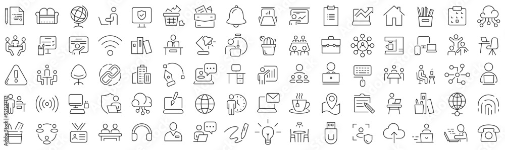 Set of office and coworking line icons. Collection of black linear icons Set of office and coworking line icons. Collection of black linear icons