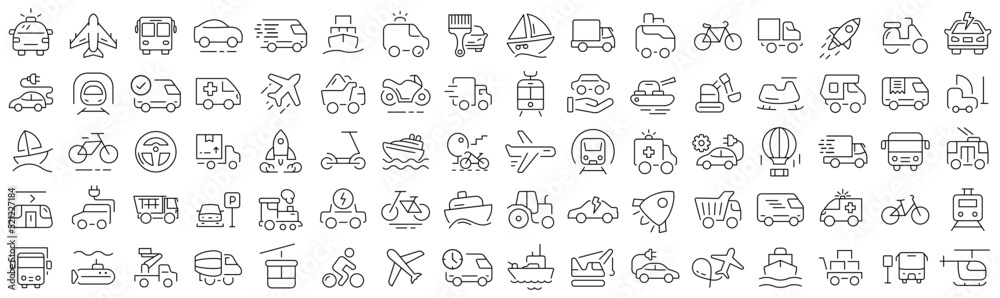 Set of vehicle and transport line icons. Collection of black linear icons