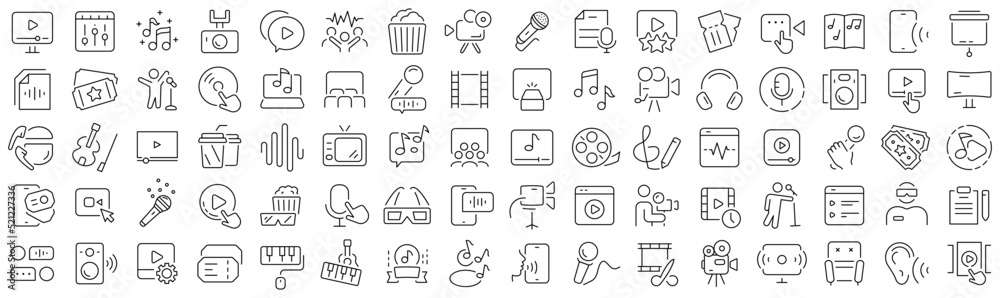 Set of music and video line icons. Collection of black linear icons