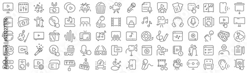 Set of music and video line icons. Collection of black linear icons