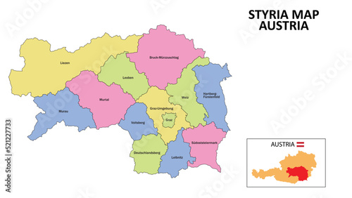 Styria Map. District map of Styria detailed map of Styria in color with capital.