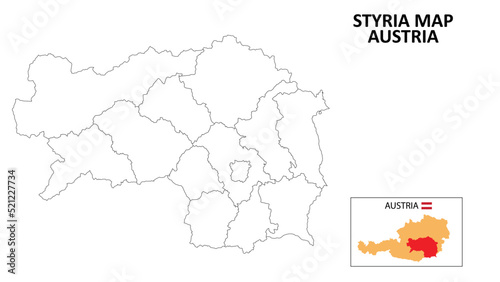 Styria Map. State and district map of Styria. Political map of Styria with outline and black and white design.