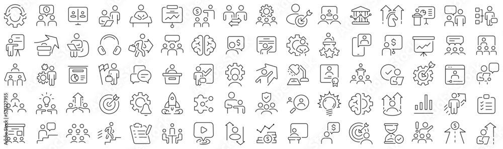 Set of workshop and coaching line icons. Collection of black linear icons - obrazy, fototapety, plakaty 