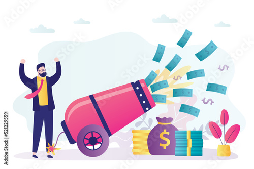 Entrepreneur shoots money from cannon, business is making big profits. Venture investments, distribution of money to new projects, startups. Innovation, concept. Businessman making money.