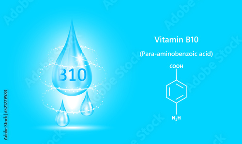 Structure vitamin B1 drop water collagen blue. 3D Realistic Vector. Medical and scientific concepts. Beauty treatment nutrition skin care design. Vitamin solution complex with Chemical formula nature.