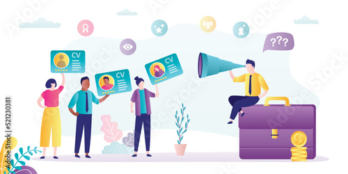 Male manager uses spyglass for choosing best candidate for job. Various job seekers with resume. Applicants with curriculum vitae. Recruitment process, concept. HR agency.