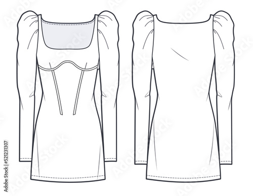 Women's mini Dress fashion flat technical drawing template.  Mini Dress with corset fashion flat illustration, puff sleeves, side zip up, square neck, front and back view, white, CAD mockup.