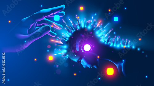 System administrator in image of God sets up neural network. Development neural network. Digital AI in image robot with artificial intelligence. Developer create cybernetic brain in cyberspace. Vector