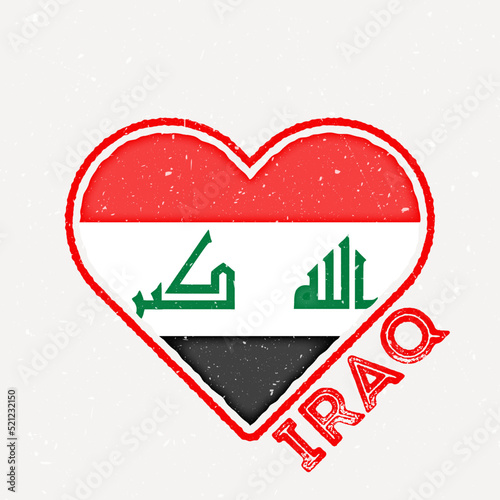 Republic of Iraq heart flag badge. Republic of Iraq logo with grunge texture. Flag of the country heart shape. Vector illustration.