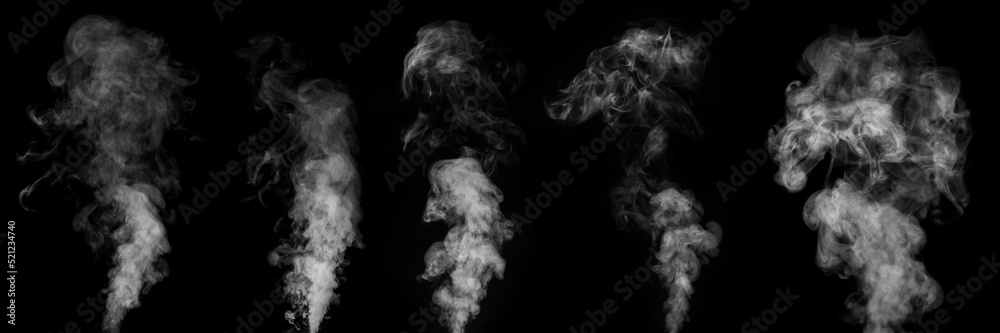 A perfect set of five different mystical curly white steam or smoke on a black background. Fog or smoke set isolated on black background. Curly smoke on a dark background A perfect set of five different mystical curly white steam or smoke on a black background. Fog or smoke set isolated on black background. Curly smoke on a dark background
