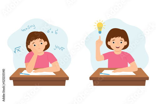 Child at his desk solving a math problem.Boy has a good idea to do homework or exam. Vector illustration