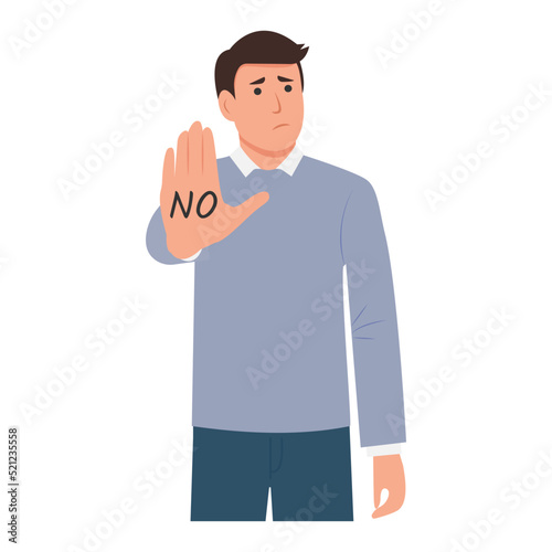 Man saying no with rejecting hand gesture and negative facial expression. Flat vector illustration white background